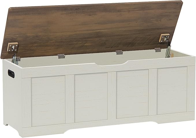47.2" Storage Chest, Extra Large Storage Trunk with 2 Safety Hinges, Wooden Storage Bench, Shoe Bench, Entryway Bench for Living Room, Bedroom, Brown and Rustic White