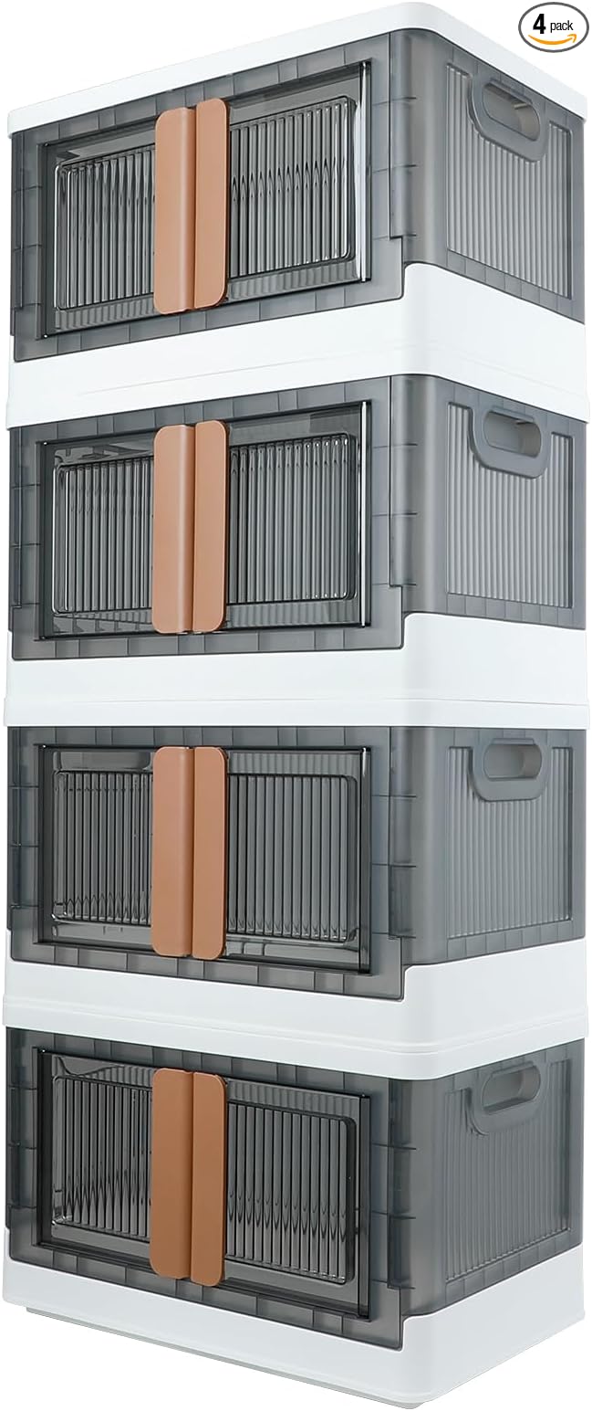 Storage Bins, Plastic Cabinet, 8.4 Gallon Capacity (32L Per One), 4 Pack, Stackable Collapsible Drawer, with Door and Buckle, Organizer for Home and Office, Transparent