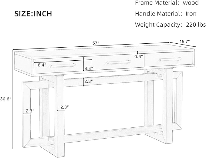 57” Console Sofa Table with 3 Storage Drawers, Modern Long Narrow Behind Couch Furniture for Living Room, Entryway, Foyer, Entrance, Hallway, Front Door, Corridor, Grey and White