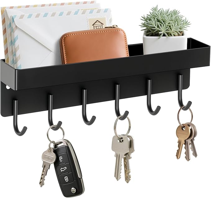 Magnetic Key Holder Wall Mount, Small Metal Key Rack with Tray, 9.6 Inch, 6 Hooks, 2 Installation Options, Black