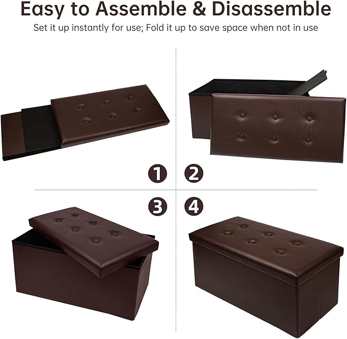 30 Inches Folding Storage Ottoman Bench, Faux Leather Footstool Ottoman, Storage Trunk Footrest for Bedroom, Living Room and Hallway, Support 350lbs, Brown(Brown line)