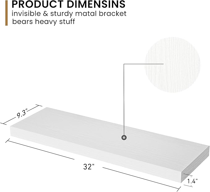 Fun Memories 36 Inch Floating Shelves - Rustic Wooden Wall Shelves - Wall Mounted Storage Shelf with Invisible Brackets - Extra Deeper & Thicker for Living Room, 36" W x 9.3" D x 1.5" H - White
