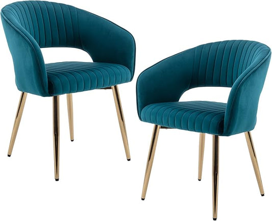 Modern Velvet Dining Chairs Set of 2, Upholstered Gold Dining Chairs with Hollow Back, Dining Room Chairs with Gold Legs, Accent Armrest Kitchen Chairs for Living Room Reception Teal Blue
