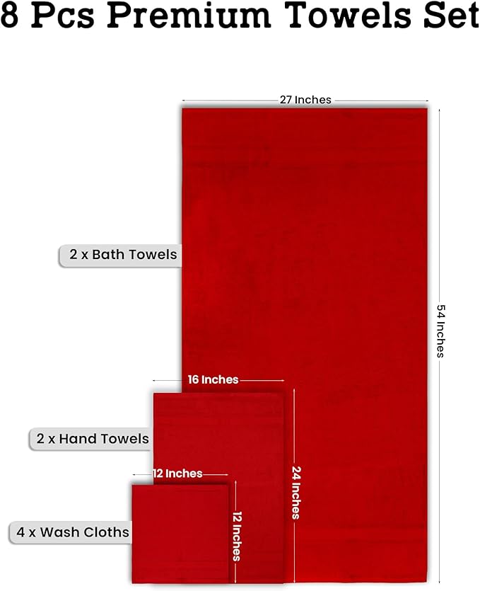 Casa Lino Bath Towel Set of 8 (2 Bath Towels, 4 Wash Cloths & 2 Hand Towels for Bathroom) - 100% Cotton - Highly Absorbent & Quick Dry - Guest Room Essentials for Bathroom Set - (Red)