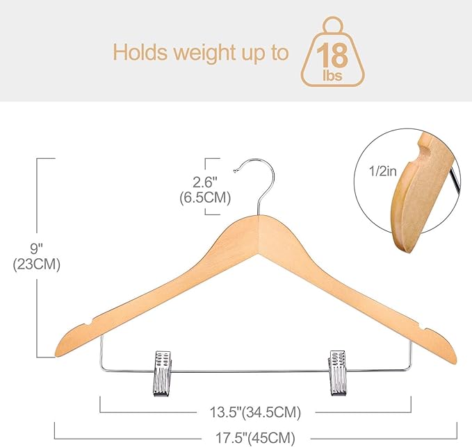HOUSE DAY 12 Pack High-Grade Wooden Suit Hangers Skirt Hangers with Clips Solid Wood Pants Hanger Natural Smooth Finish Premium Wood Hanger with Durable Metal Clips for Blouse, Dress, Coat, Jacket