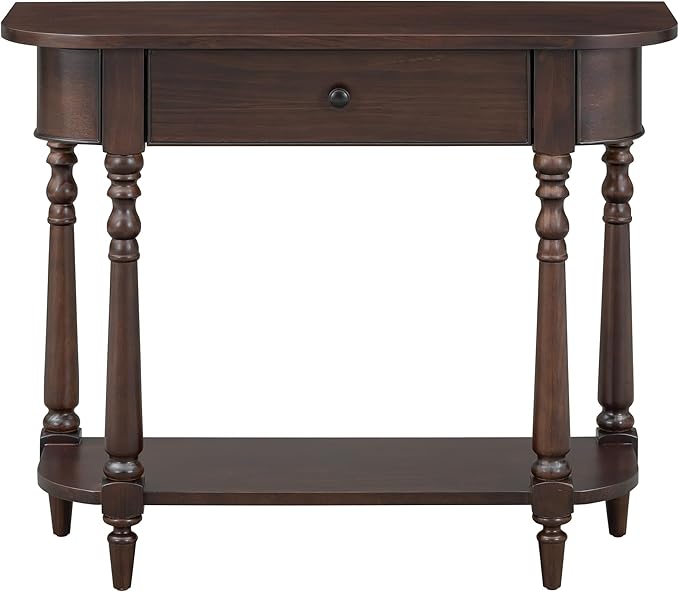 HMFULE Retro Curved Console Table, 36" Solid Wood Half Moon Console Table Sofa Table Entryway Table with 1 Drawer 1 Open Shelf Roman Legs Curved Corners for Living Room,Entryway,Hallway,Espresso