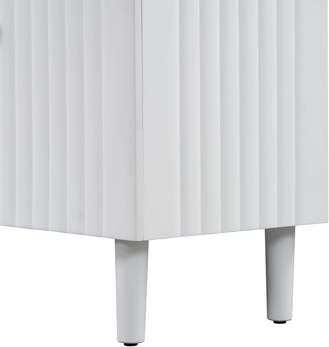 Modern Elegant Sideboard with 4 Wavy Pattern Doors and Cylindrical Legs, 58'' Storage Cabinets with Adjustable Shelves, Accent Entryway Cabinet for Living Room Hallway Kitchen (White-4UV)