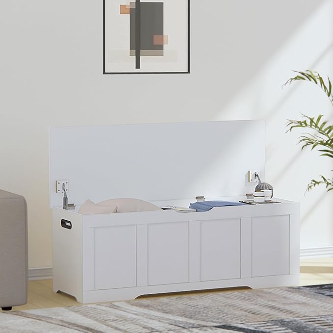 47.2" Storage Chest, Extra Large Storage Trunk with 2 Safety Hinges, Wooden Storage Bench, Shoe Bench, Entryway Bench for Living Room, Bedroom, White