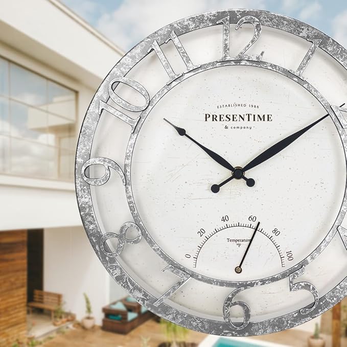 Presentime & Co 13" Farmhouse Outdoor Wall Clock w/Outdoor Thermometer, Farmhouse Style, Raised 3D Arabic Numerals, Faux Galvanized Finish (Wall Clock for Patio, Cottage, Poolside, Garden Spaces)