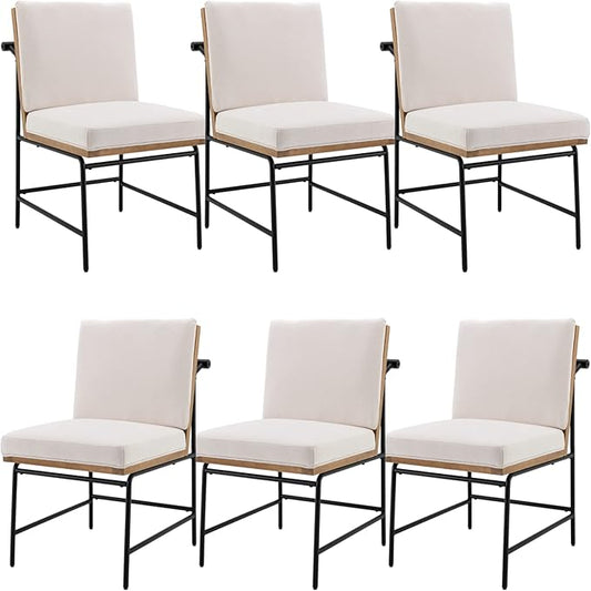Modern Dining Chairs Set of 6, Comfy Linen Fabric Armless Side Chairs with Backrest Wooden Upholstered Seat Black Metal Legs for Dining Room Living Room, White