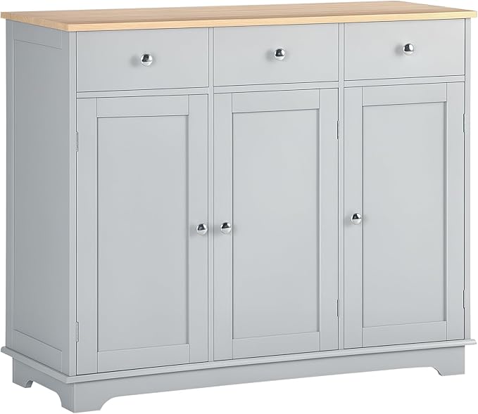 HOMCOM Sideboard with Solid Wood Countertop, Modern Kitchen Storage Cabinet, Coffee Bar Cabinet with 3 Drawers, Doors and Adjustable Shelf, Gray