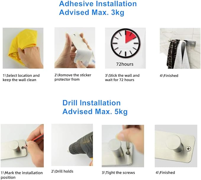 Small Coat Rack Hooks for Wall, Screw in and Adhesive Hooks, Stainless Steel, Door Hooks with 4 Heavy Duty Hooks for Coat Hat Towel Key (4 Hooks, Silver)