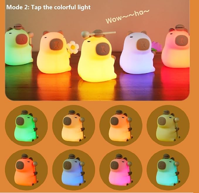 Capibara Night Light for Adults Kids,Cute Silicone Dimmable Animal Nightlight with 7 Colors,Rechargeable Bedside Touch Lamp for Christmas Gifts Toddler Baby Kids Kawaii Room Decor