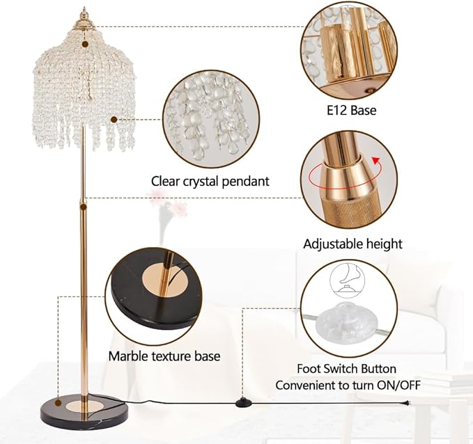 Vintage Style Floor Standing Lamp, Waterfall Design with Grape-Shaped Tall Gold Pole Light, Modern Dimmable Crystals Standing Lamps (Gold + Iron-7)