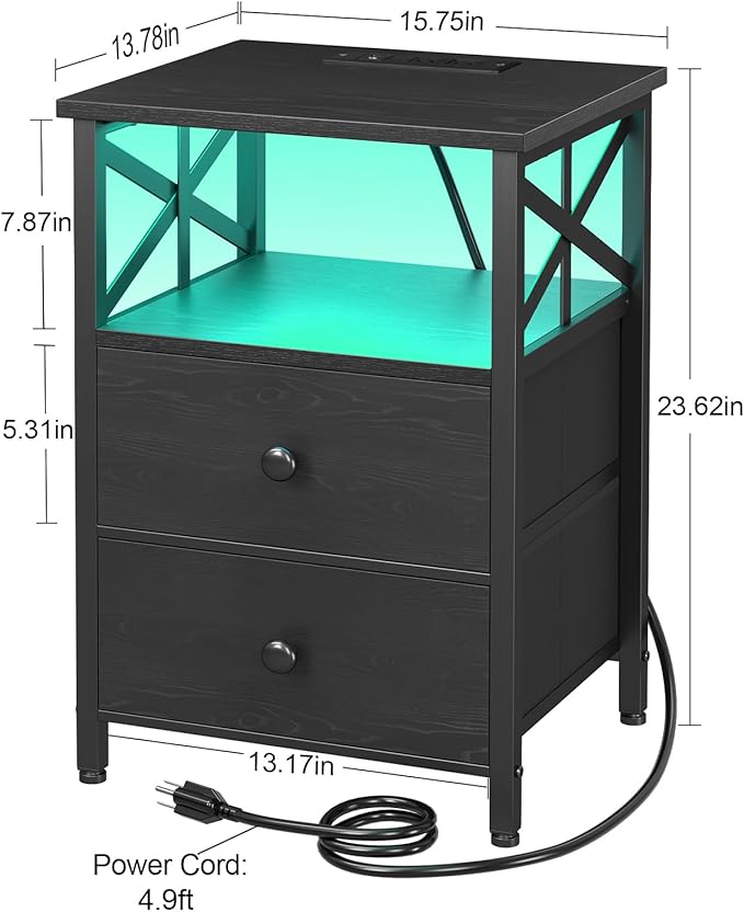 AMHANCIBLE Night Stand Set 2, LED Nightstand with Charging Station, End Tables Living Room with Fabric Drawers, Bedside Table for Bedroom, Black, HET052LBK