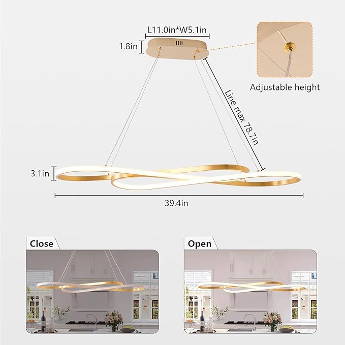 Gold Led Chandelier for Kitchen Island Lighting,Dimmable Modern Chandelier for Dining Room, L39.4" Modern Led Pendant Light Fixture Height Adjustable Brushed Gold Dining Room Light Fixture Over Table