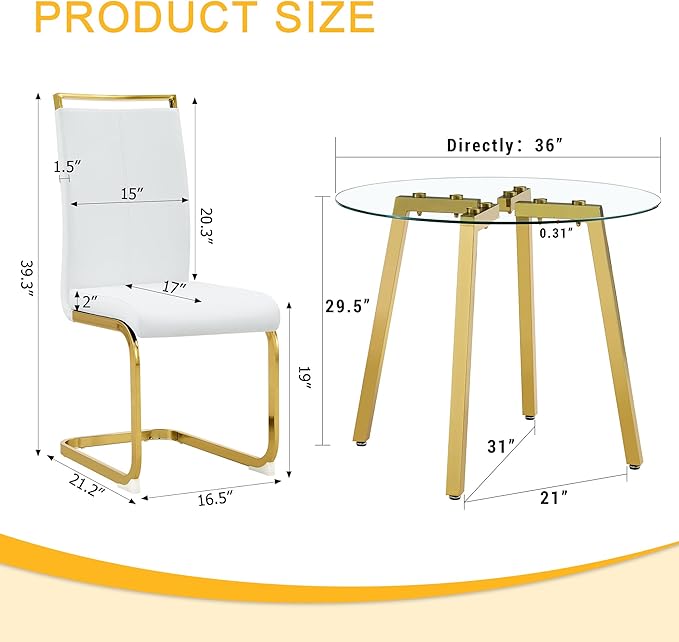 Round Dining Table Set for 4,36" Glass Dining Table Set for 4 with Stainless Steel Leg,Small Kitchen Table Set for 4 with Cushion Chairs,5 Piece Dining Table Sets Space Saving