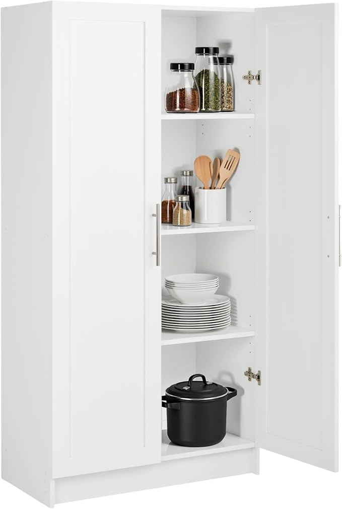 Prepac Elite 65" Tall Storage Cabinet with Panel Doors, Double Door Wood Kitchen Pantry, Dining Room Cupboard with 2 Adjustable and 1 Fixed Shelf, Free Standing Living Room Accent Cabinet, White