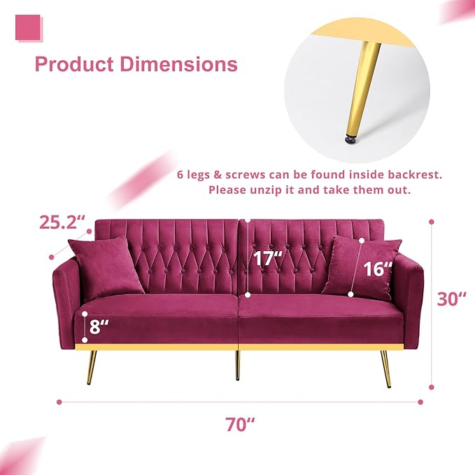 70” Velvet Futon Sofa Bed with 2 Pillows and Adjustable Armrests, Convertible Sleeper Bed W/Adjustable Backrests, Modern Loveseat for Living Room, Bedroom, Fuchsia