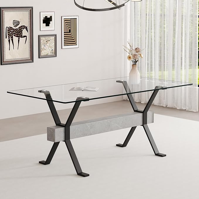 Glass Dining Table 71"｜Modern Dining Table for 6｜0.4" Thick Tempered Glass Top｜Matte Black Metal Legs｜Grey Crossbar｜Easy Assembly｜Perfect for Dining Room or Kitchen