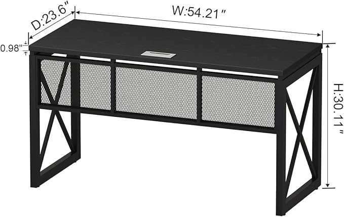 BON AUGURE Black Computer Desk, Modern Gaming Desk, Industrial Wood Office Desks, Sturdy Writing Desks for Home Office, Living Room, Study Workstation, Bedroom (Black, 54 Inch)
