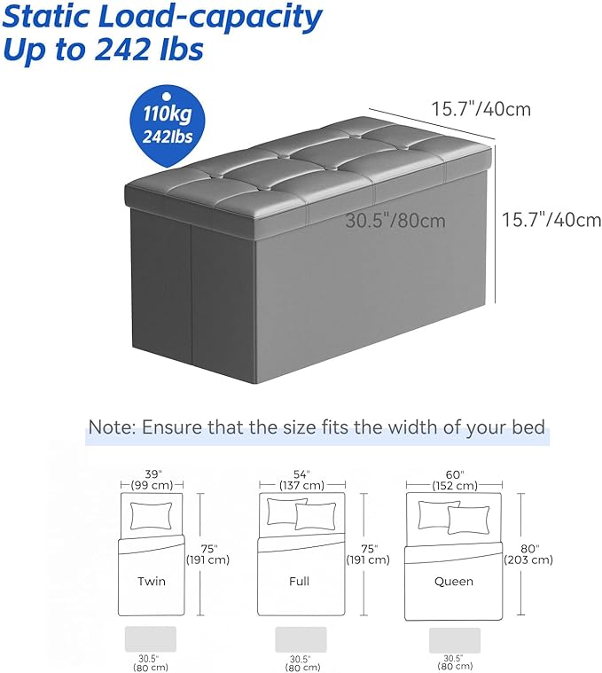 BRIAN & DANY 30 Inches Storage Ottoman Bench, Faux Leather Ottoman with Storage, Folding Bench Shoe, Foot Rest Stool, for Living Room, Gray