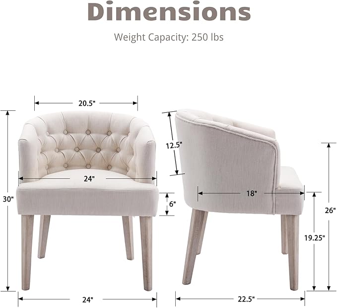 HEAH-YO Modern Dining Chairs Set of 2, Tufted Dining Room Chairs with Barrel Backrests, Upholstered Linen Kitchen Chair for Dining Room, White