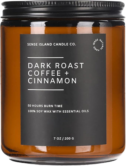 SENSE ISLAND Dark Roast Coffee with Cinnamon Scented Fall Candle | Natural Soy Wax 7 oz, up to 50 Hrs Burn Time Highly Scented House Warming Autumn Gifts