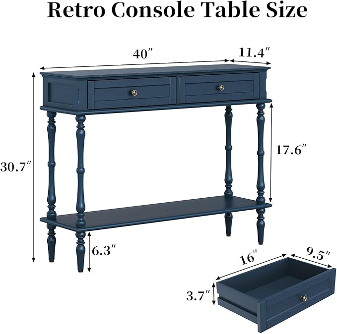 ARTPOWER Console Table for Entryway with 2 Drawers-Minimal Assembly,Retro Entryway Table with Storage Cabinets and Open Shelf,Narrow Long Couch Table Behind Sofa for Living Room,Foyer,Hallway,Blue