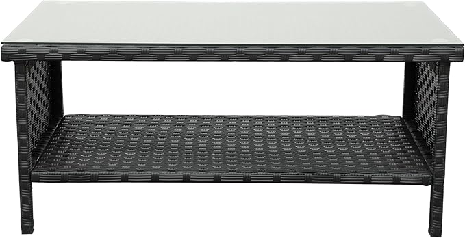 Outdoor Wicker Coffee Table Patio Furniture Garden Rattan 2-Layer Glass Table with Storage and Furniture Cover, Black