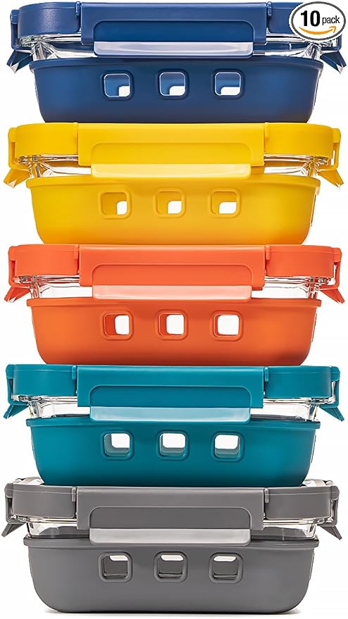 GENICOOK Glass Food Storage Containers With Glass Lids Bento Box Set Lunch Box Eco Friendly Meal Prep Containers Airtight – Plastic Free, Silicon Sleeve Bpa Free 4.4cup/ 5 * 1050ml