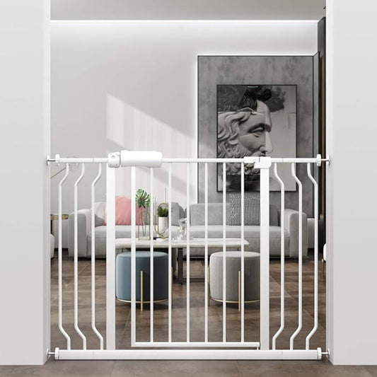 ALLAIBB Extra Wide Pressure Mount Baby Gate Auto Close White Metal Child Dog Pet Safety Gates with Walk Through for Stairs,Doorways,Kitchen and Living Room(38.58-43.31"/98-110cm)