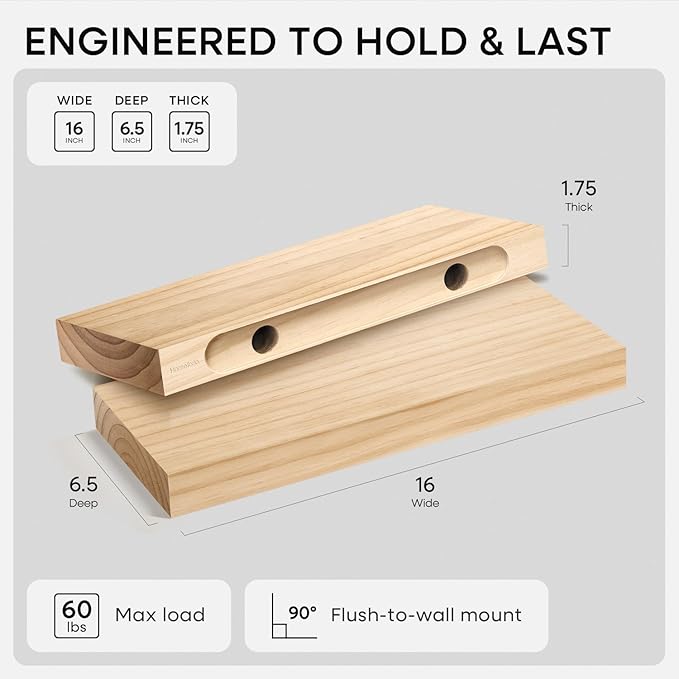 Homeforia 16 inch Natural Floating Shelf, High End Solid Real Wood 16inch Small Floating Shelves for Wall Mounted, Natural Wooden Floating Shelves, Heavy Duty Bracket, 16 X 6.5 X 1.75 in, Set of 3