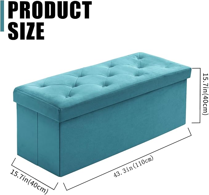 BRIAN & DANY 43 Inches Folding Storage Ottoman Bench, Velvet Ottoman with Storage for Living Room, Long Shoes Bench,Flannelette Footrest Benches Seat (Teal)