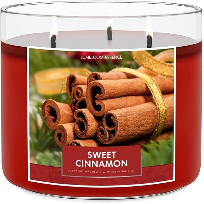 Cinnamon Candles, 14.5oz, Large 3-Wick Soy Wax Christmas Candles for Home Scented, Sweet Cinnamon, Apple, Clove Scent, Christmas, Holiday Gifts for Women, Men, Teacher, Long Burning Time