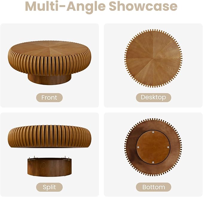 Round Fluted Coffee Table Modern Handcraft Drum Coffee Table with Sturdy Pedestal 31.5" Farmhouse Center Table Tea Table for Living Room, Reception Room, Entertainment Room (Brown 31.5")