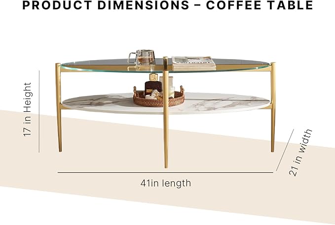 Shrine Oval Coffee Table, Mid-Century Modern Design, 2-Tier Structure, Clear Glass Top and White MDF Shelf, 47" D x 21" W x 17" H, Sleek Conical Metal Legs with Gold Finish