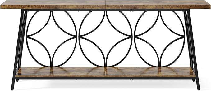 70.9-Inch Sofa Table, 2-Tier Narrow Console Table with Storage for Living Room, Entryway, Hallway, Foryer, Geometric Pattern Design (Rustic Brown)