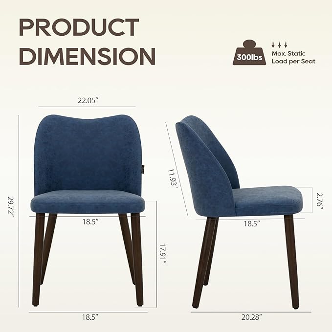 Wooden Dining Chairs Set of 4, Upholstered Kitchen Dining Room Chair, Modern Farmhouse Dinner Chair for Restaurant & Cafe, Blue