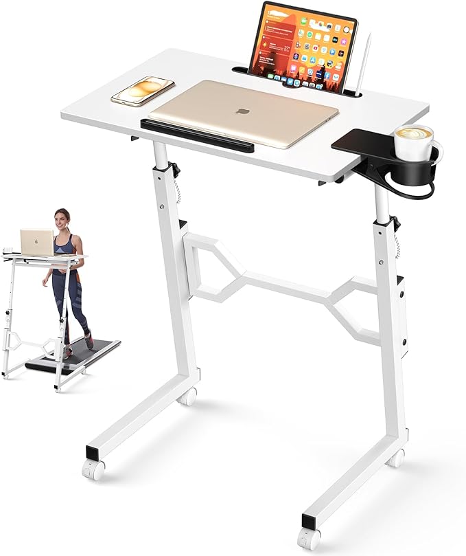 Small Standing Desk with Wheels, Portable Treadmill Desk, Rolling Desk Adjustable Height for Laptop, Mobile Standing Table for Walking Pad, Bedside Table