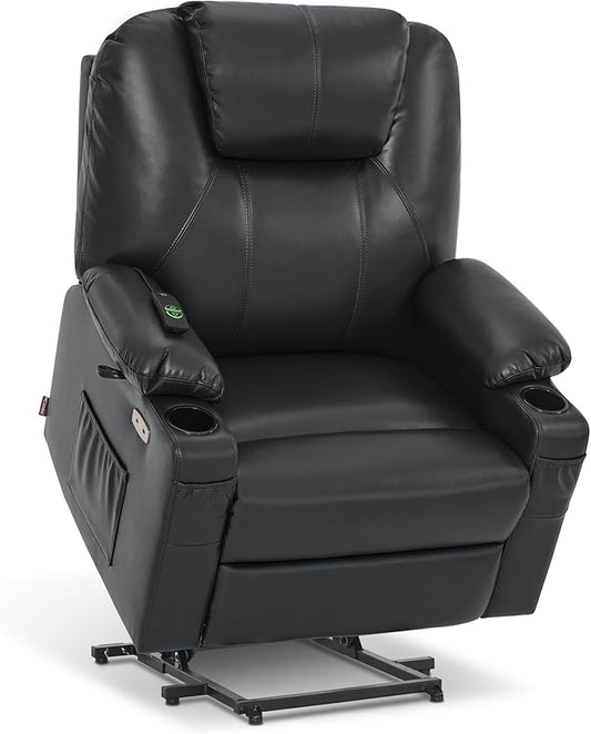 MCombo Oversized Power Lift Recliner Chair for Elderly, Lift Chair with Heat and Massage for Big and Tall, USB&Type C Ports, Cup Holders, Faux Leather R7510 (Black, Large-Wide)