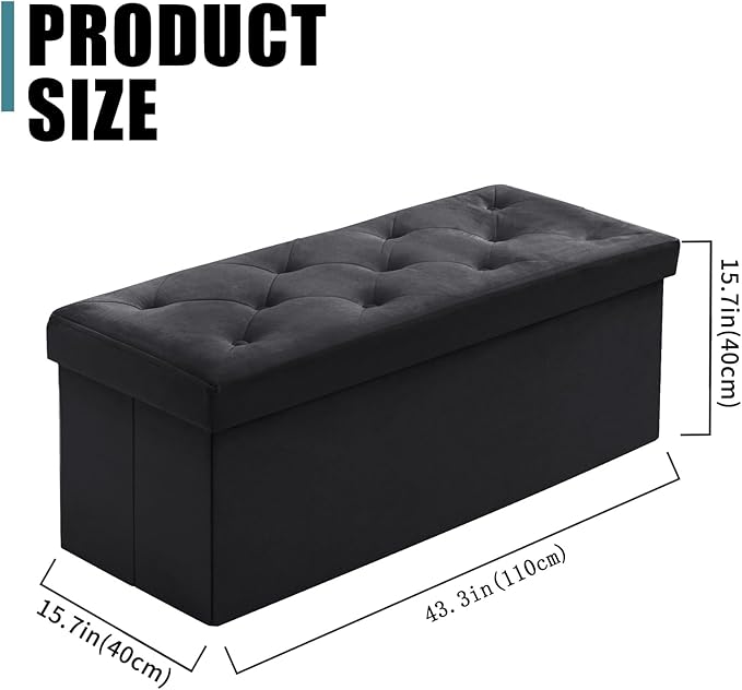 BRIAN & DANY 43 Inches Folding Storage Ottoman Bench, Velvet Ottoman with Storage for Living Room, Long Shoes Bench,Flannelette Footrest Benches Seat (Black)