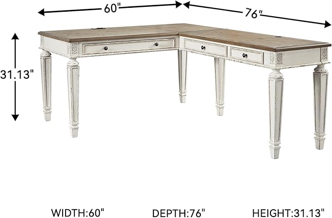 Signature Design by Ashley Realyn French Country 3-Drawer 2-Piece Home Office Desk with Spring Lift Top, USB Ports and AC Plug-Ins, Dark Brown & White