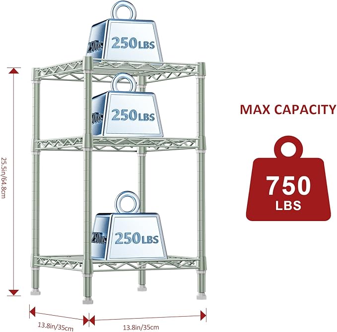 IZEUK 3 Tier Heavy Duty Steel Storage Shelves, Metal Shelf Wire Shelving Rack for Pantry, Kitchen, Cloakroom or Office Organization (13.8" D x 13.8" W x 25.5" H, 750LBS, Green)