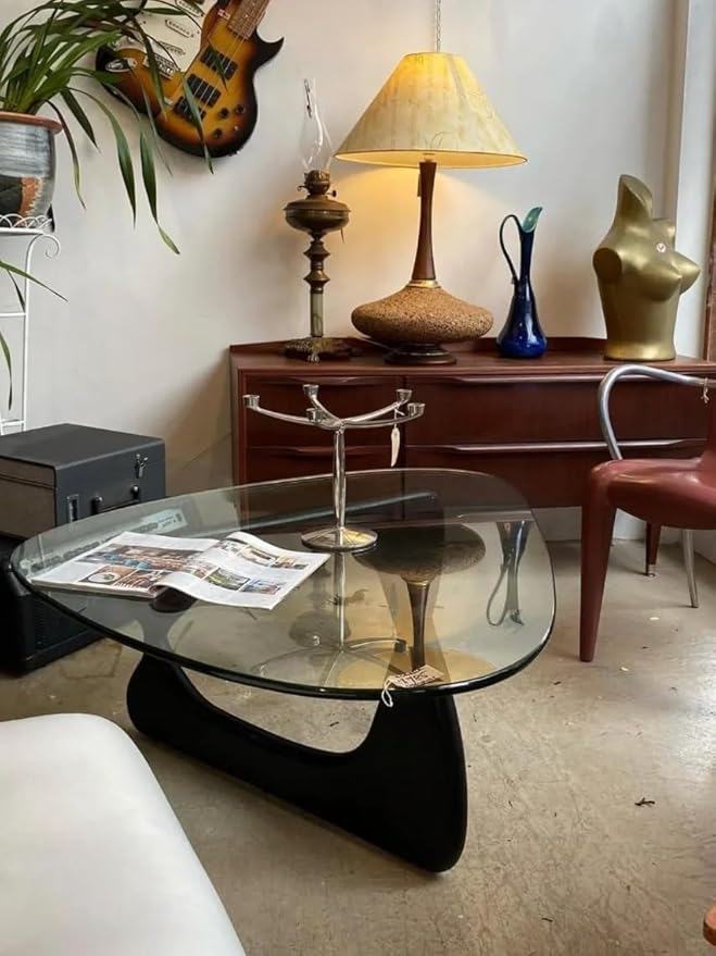 Mid Century Coffee Table Triangle Glass Coffee Table with Solid Wood Base and Thick Clear Glass Top Modern End Table for Living Room, Patio, Office, Dark Walnut