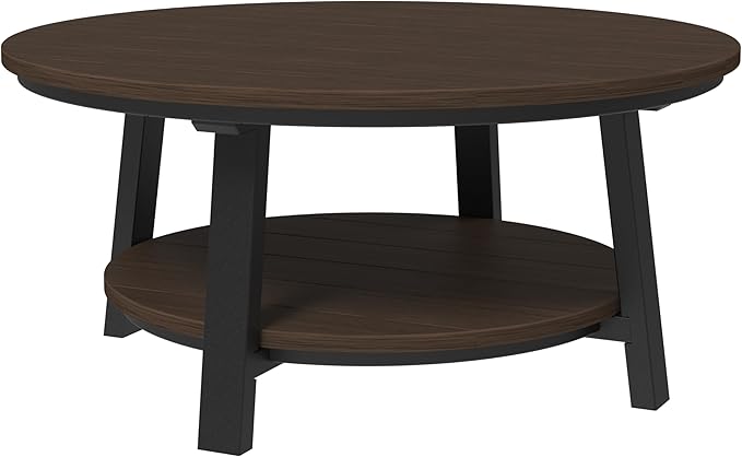 LuxCraft Deluxe Poly Round Outdoor Coffee Table, Two Tier Coffee Table, Round Conversation Tables for Outside Patio with Lower Shelf - Amish Made in USA (Brazilian Walnut & Black)