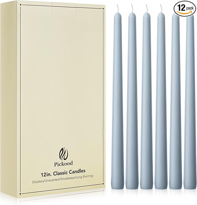 New Burning Formula Unscented Dripless 12-Inch Taper Candles Set of 12 - Baby Blue, for Wedding, Dinner - Smokeless, Long Burning - Hand Poured, Colored Tall Candlesticks - Azul Bebé