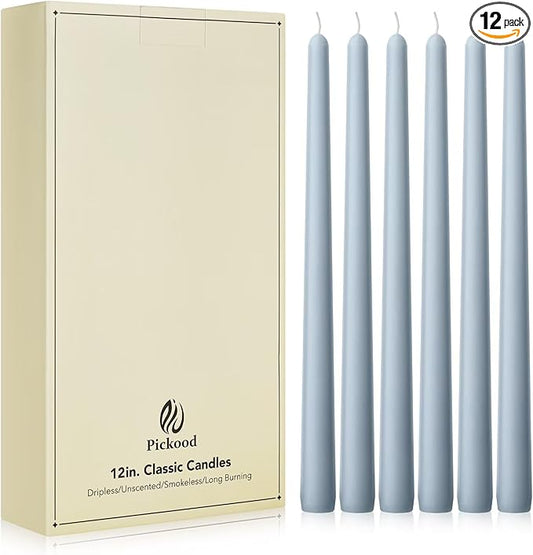 New Burning Formula Unscented Dripless 12-Inch Taper Candles Set of 12 - Baby Blue, for Wedding, Dinner - Smokeless, Long Burning - Hand Poured, Colored Tall Candlesticks - Azul Bebé