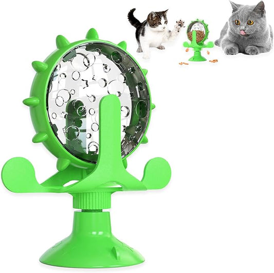 Cat Dog Treat Dispenser Toy - Cat Interactive Feeder Pet Food Toys Feeder 360° Degree Rotating Food Leakage Device Rotate with Strong Suction Cup Money Wheel Shape (Green)