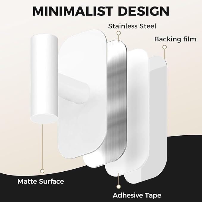 Adhesive Towel Hooks for Shower,Waterproof Heavy Duty Bathroom Hooks,Wall Mounted Sticky Hangers for Coats/Aprons/Robes,No Drilling(White,2 Pack)